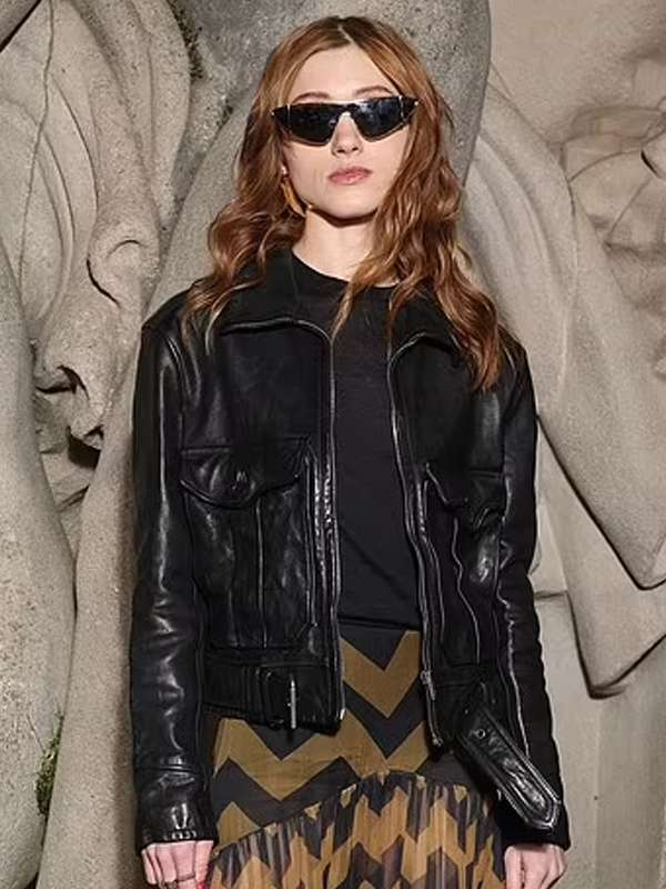 Natalia Dyer PFW Black Leather Jacket