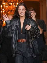 Bella Hadid PFW 2024 Black Leather Jacket