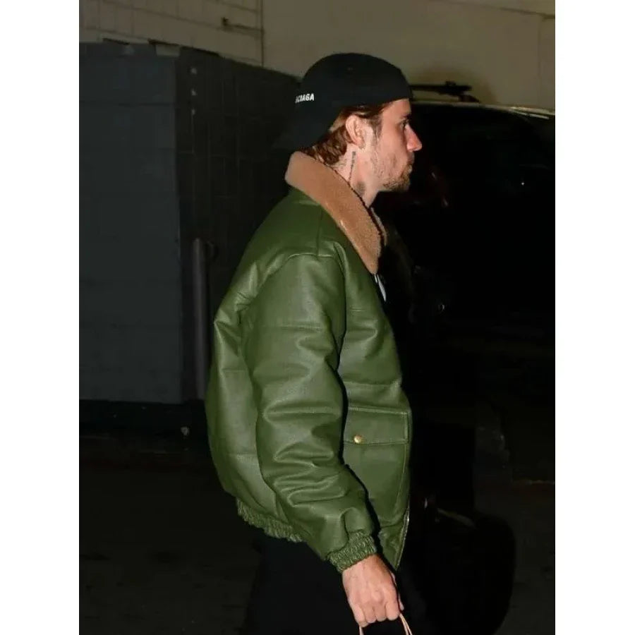 Justin Bieber Date Night Green Leather Jacket