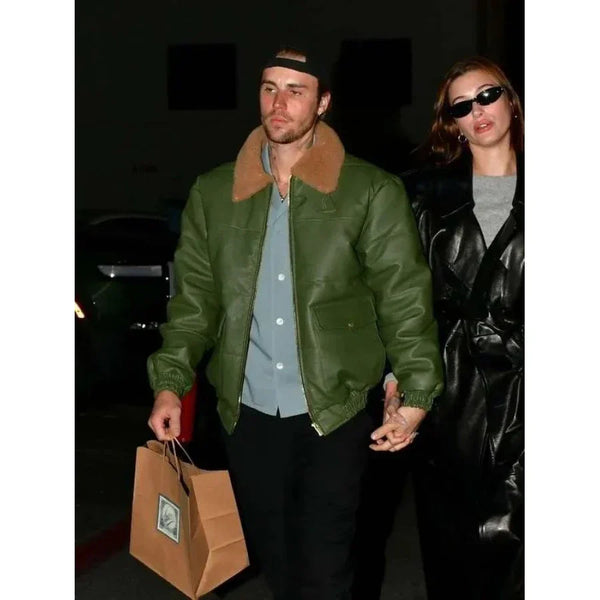 Justin Bieber Date Night Green Leather Jacket