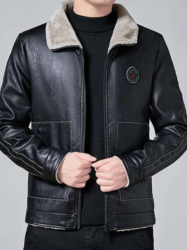 Men Black Casual Fur Leather Jacket
