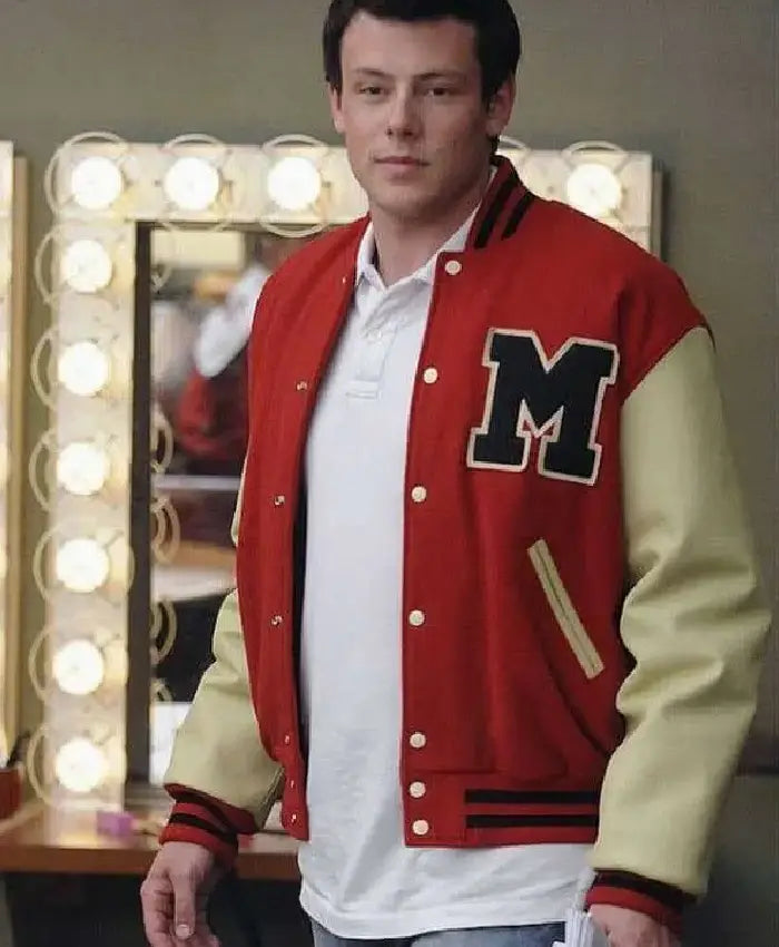 Cory Monteith Glee Orange and Beige Letterman Bomber Jacket For Men