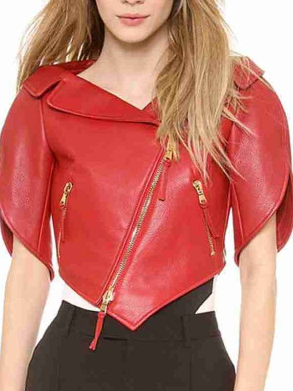 Heart Shaped Red Cropped Leather Jacket For Women