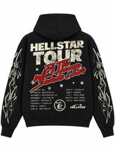 Black hoodie shown from the back with a large graphic print for the HELLSTAR Tour. The design features 'HELLSTAR TOUR' in distressed white letters, 'If The World Ends Like This' in red script, a white tour date list, and white flame patterns down both sleeves.