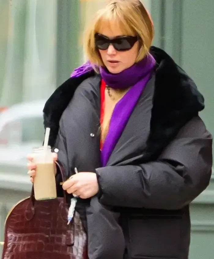 Shop Jennifer Lawrence 2026 Black Parachute Fabric Puffer Coat