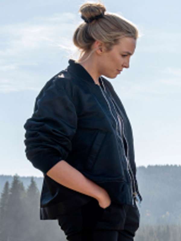 Jodie Comer Killing Eve Black Bomber Jacket