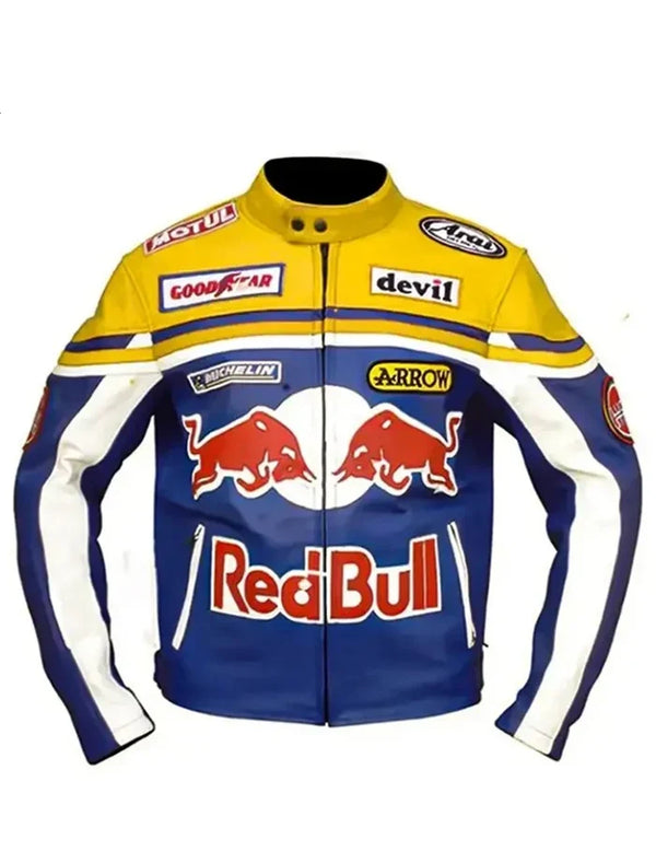 Lillie Red Bull Motorcycle Blue and Yellow Leather Jacket