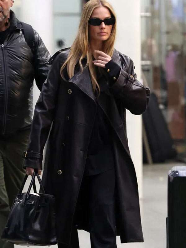 Margot Robbie Black Leather Coat