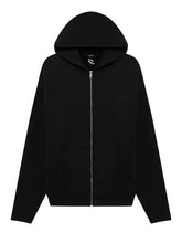 A black zip-up hoodie with a front kangaroo pocket, shown flat against a light gray background. The brand logo 'AKY&G' is visible on the inner neck label and as a subtle embroidered detail on the left chest.
