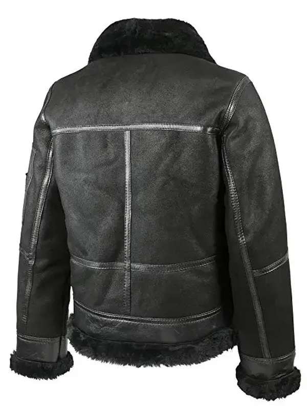 Men Sheepskin Aviator Shearling Black Leather Jacket