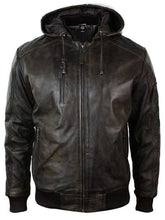 Men’s Dark Brown Distressed Hooded Leather Jacket