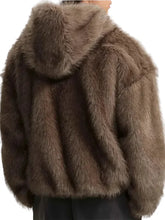 A close-up back view of a person wearing a brown faux fur hooded jacket, showing the soft texture and collar detail against a plain light background.