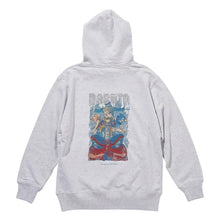A light gray heather hoodie shown from the back, featuring a large graphic print of a seated figure in blue, red, and gold tones with the word 'NARUTO' above it.