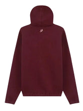 A dark burgundy hooded sweatshirt shown from the back, featuring a small white spiral logo centered below the neckline, set against a solid light gray background.