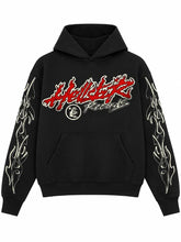 A black pullover hoodie featuring a stylized red and white 'Hellbit Records' logo on the chest, with white flame-like graphic prints running down both sleeves.