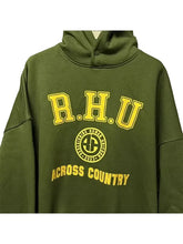 Green hoodie with yellow text and logo on a gray background