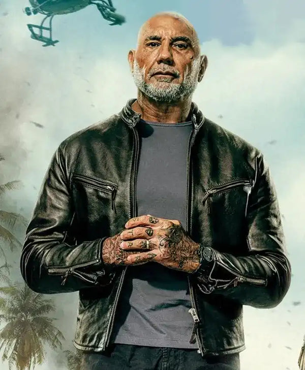 Dave Bautista The Wrecking Crew 2026 Black Leather Cafe Racer Jacket For Men