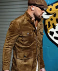 Shop Travis Kelce Brown Color Suede Leather Military Jacket