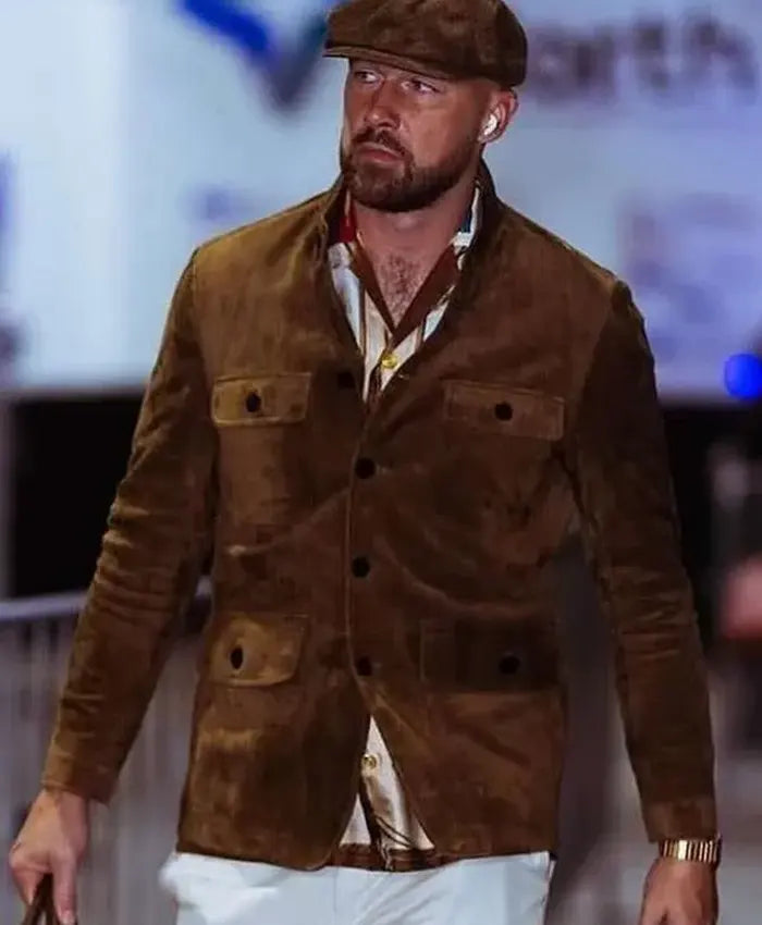 Shop Travis Kelce Brown Color Suede Leather Military Jacket For Men